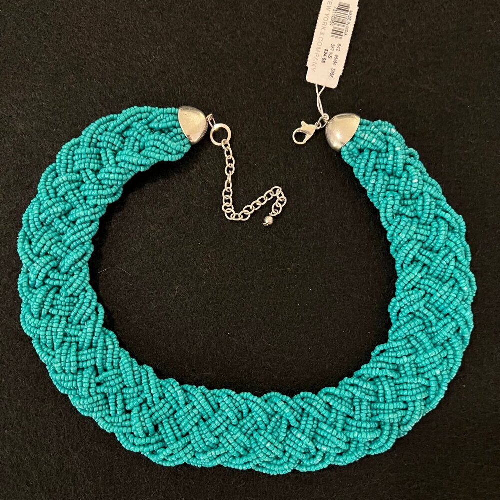 Braided Turquoise Blue Seed Bead Necklace | Vintage |18 - 21 in.| Silver  Clasp